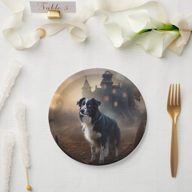 Prato De Papel Border Collie Halloween Assustador  (Casamento)