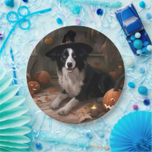 Prato De Papel Border Collie Pumpkins Halloween Assustado