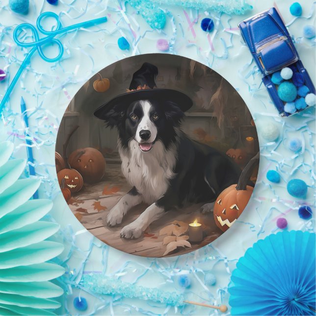 Prato De Papel Border Collie Pumpkins Halloween Assustado (Festa)