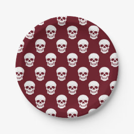 Prato De Papel Bordô Padrão de Caveira Vermelho Fundo Assustador