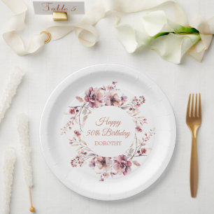 Prato De Papel Borgonha Rosa Rosa Personalizada Floral 50º Aniver