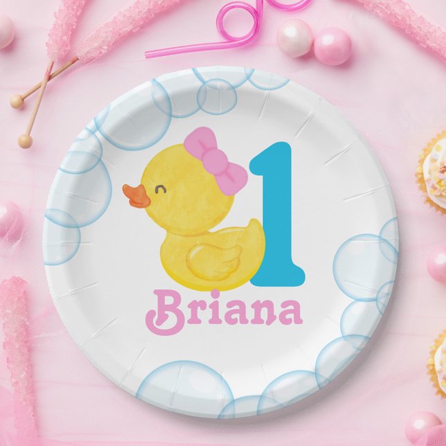 Prato De Papel Borracha Branca Pato de Borracha Personalizado Ani (Girl Watercolor Rubber Duck Birthday Age Paper Plates)