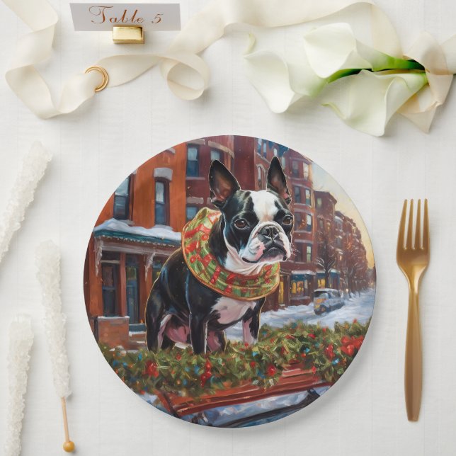Prato De Papel Boston Terrier Christmas Fesason (Casamento)