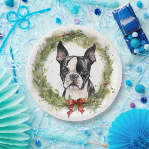 Prato De Papel Boston Terrier Christmas Wreath Festivo Pup