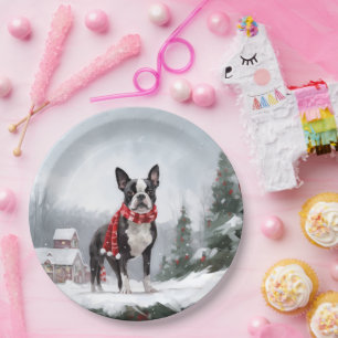 Prato De Papel Boston Terrier Dog no Natal da neve