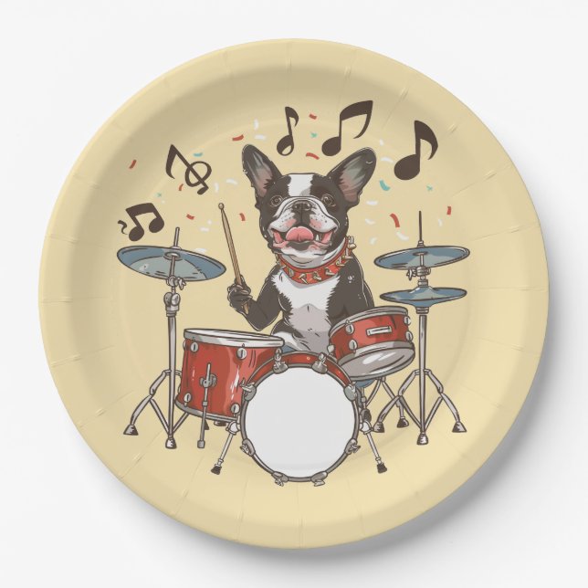 Prato De Papel Boston Terrier Dog Playing Drums (Frente)