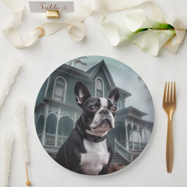 Prato De Papel Boston Terrier Halloween Scary (Casamento)