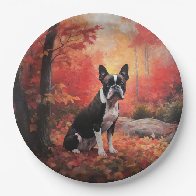 Prato De Papel Boston Terrier no outono deixa cair inspiração (Frente)