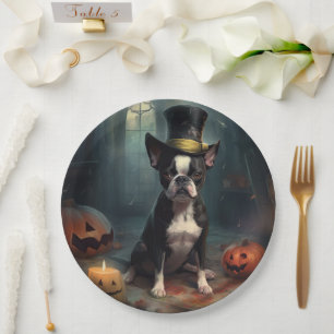 Prato De Papel Boston Terrier Pumpkins Halloween Assustado