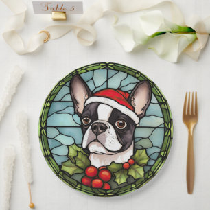 Prato De Papel Boston Terrier Vidro Colorido Natal