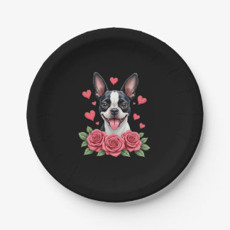 Prato De Papel Boston Terrier with Red Roses Hearts Valentine�s D