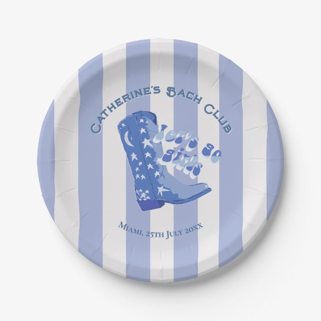 Prato De Papel Bota de Cowgirl Azul Fofo com Listra (Frente)