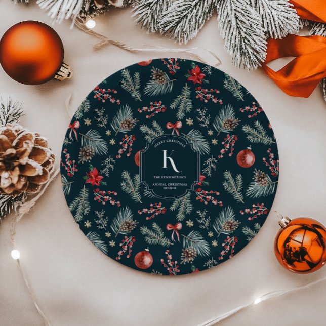 Prato De Papel Botânicos de Inverno | Natal Monograma (Criador carregado)