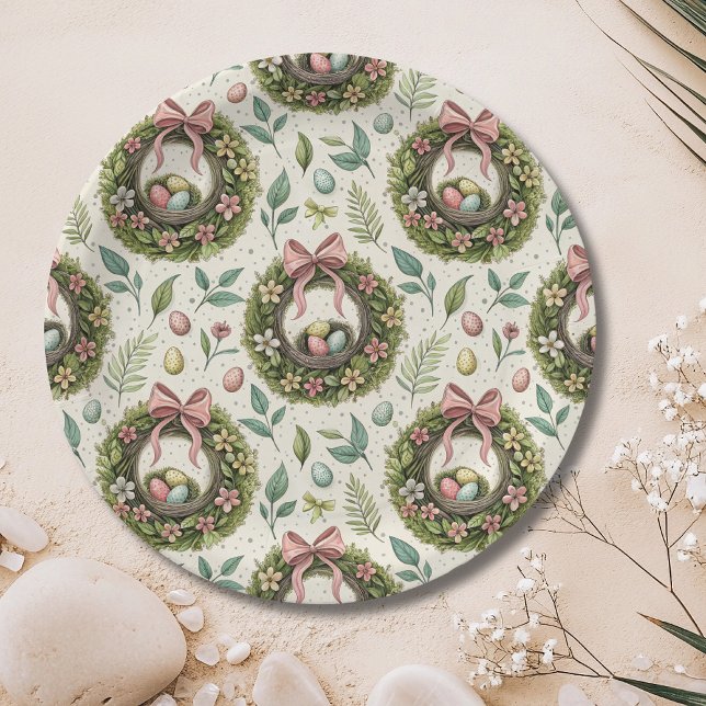 Prato De Papel Boxwood Easter Wreath Pink Bow with Egg (Criador carregado)