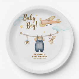 Prato De Papel Boy Adventure Clothesline Airplane Sky Baby Shower