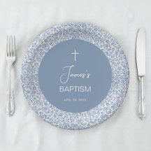 Boy Baptism Blue White Floral Pattern Christening