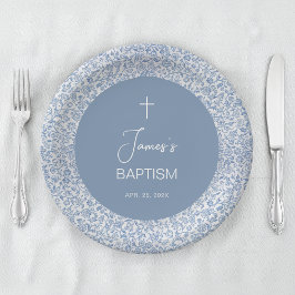 Prato De Papel Boy Baptism Blue White Floral Pattern Christening