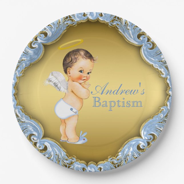 Prato De Papel Boy Blue Dourado Angel Baptism Christening (Frente)
