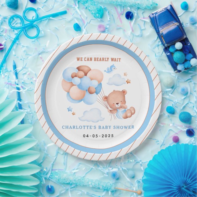 Prato De Papel Boy Teddy Bear “We Can Bearly Wait” Baby Shower (Festa)