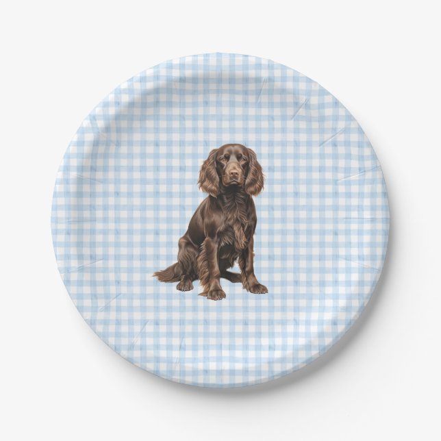 Prato De Papel Boykin Party Plate, Dog Party, Blue Gingham  (Frente)
