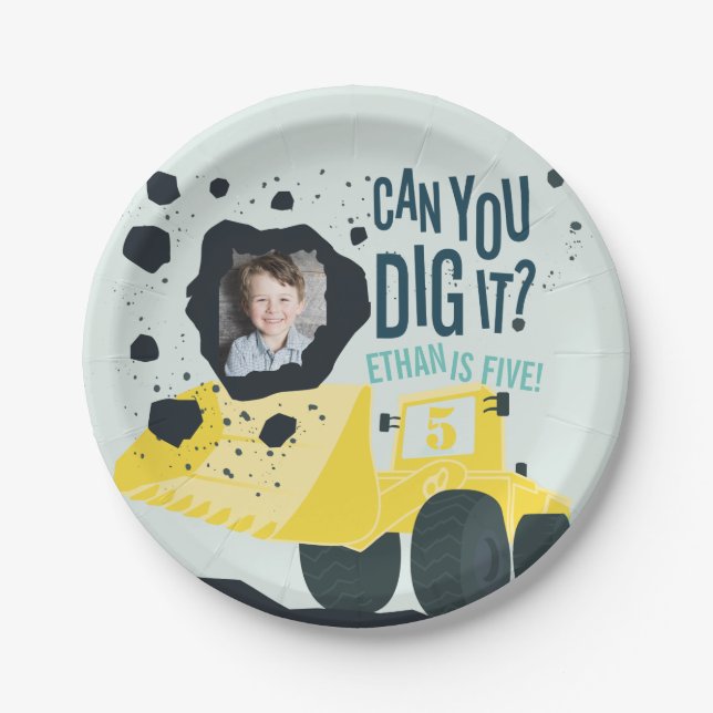 Prato De Papel Boys Birthday Construction Truck Blue Yellow (Frente)