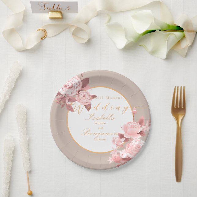 Prato De Papel Branca de Casamento de Rosa Chic Elegante (Casamento)