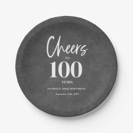 Prato De Papel Branca Floral Chalkboard Cheers para 100º Aniversá