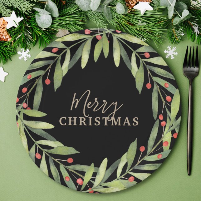 Prato De Papel Branch Berries no Black Merry Christmas (Branch and berries on black Merry Christmas paper plates)
