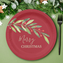 Prato De Papel Branch Berries on Red Christmas Paper Plate