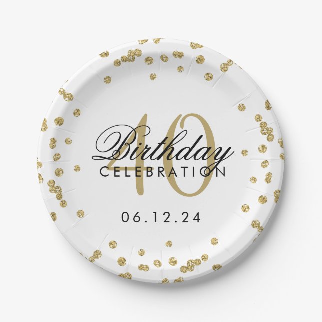 Prato De Papel Branco Dourado de Glitter Confetti (Frente)
