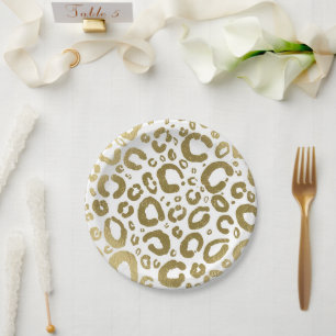 Prato De Papel Branco & Dourado Glam Estampa de Leopardo Festa
