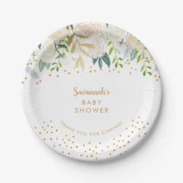 Prato De Papel Branco Floral de Cores Aquáticas + dourado confett