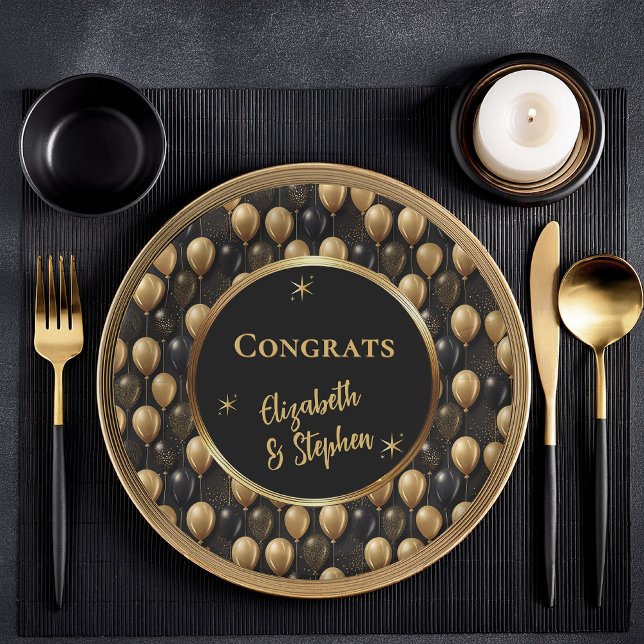 Prato De Papel Branco | Nomes de Parabéns de Balões Dourados (Elegant Black and Gold Faux Glitter Balloons Pattern A023 "Congrats" [Name(s)] Paper Plates)