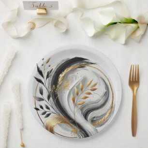 Prato De Papel Branco preto moderno e Botânico Dourado