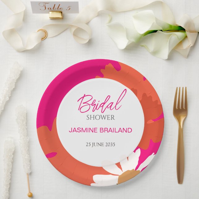 Prato De Papel Brida Floral Abstrato, Rosa Quente e Margarida Lar (Casamento)