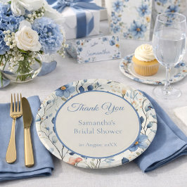 Prato De Papel Bridal Shower Dusty Blue Floral Watercolor