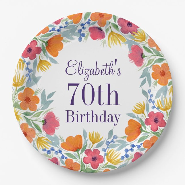 Prato De Papel Bright Floral 70 Birthday (Frente)