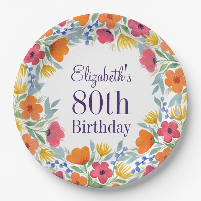 Prato De Papel Bright Floral 80 Birthday (Frente)