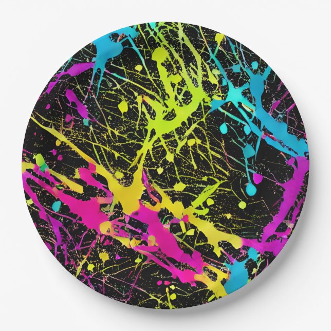 Prato De Papel Bright Neon Paint Splatter (Frente)