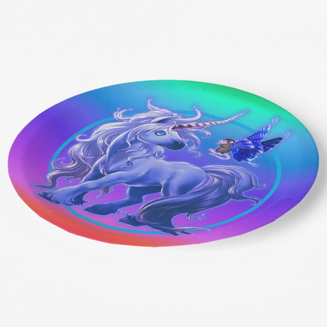 Prato De Papel Bright Pastel Rainbow Blue Unicorn (Inclinado)