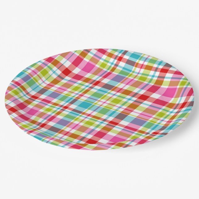Prato De Papel Bright Rainbow Plaid Checkered Pattern  (Inclinado)