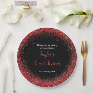 Prato De Papel Bright Red Dress Faux Glitter Sweet 16 Aniversário