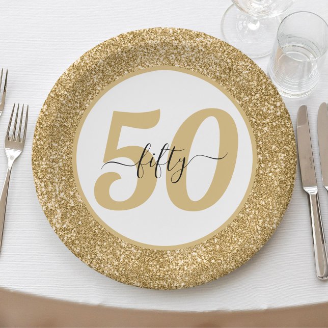 Prato De Papel Brilhante branco e Dourado 50 50 anos 50 anos aniv (White & Gold Glitter 50 Fifty Years 50th Birthday Paper Plates)