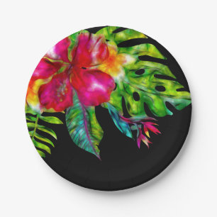 Prato De Papel Brilhante Floral Tropical Hibisco Folhas Luau Fest