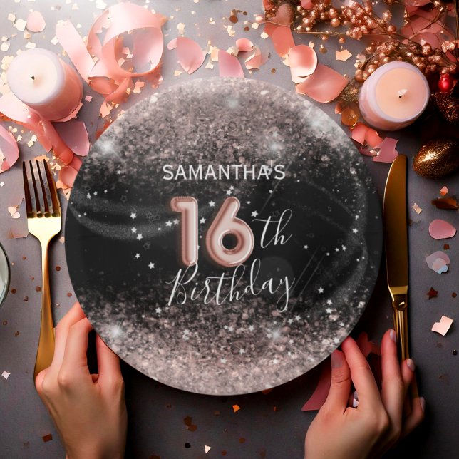Prato De Papel Brilhante rosa moderno e preto 16º aniversário (Criador carregado)