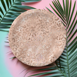 Prato De Papel Brilho Blush Dourado Rosa Impressão Leopardo Chic