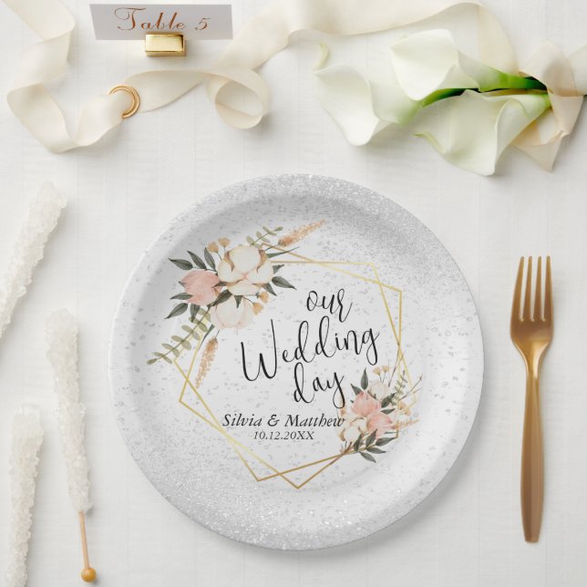 Prato De Papel Brilho Branco e Pessegueira Aquarela Floral (Casamento)