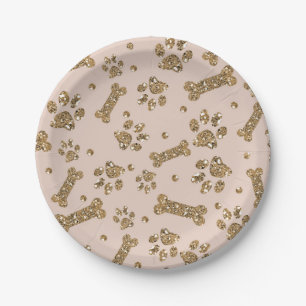 Prato De Papel Brilho Dourado Bege Rosa Pata Osso Cachorrinho Cão
