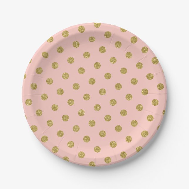 Prato De Papel Brilho Dourado Chic Pontos Pink Blush (Frente)