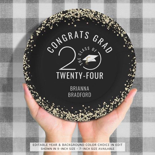 Prato De Papel Brilho Dourado Preto de Graduação Moderna (Criador carregado)